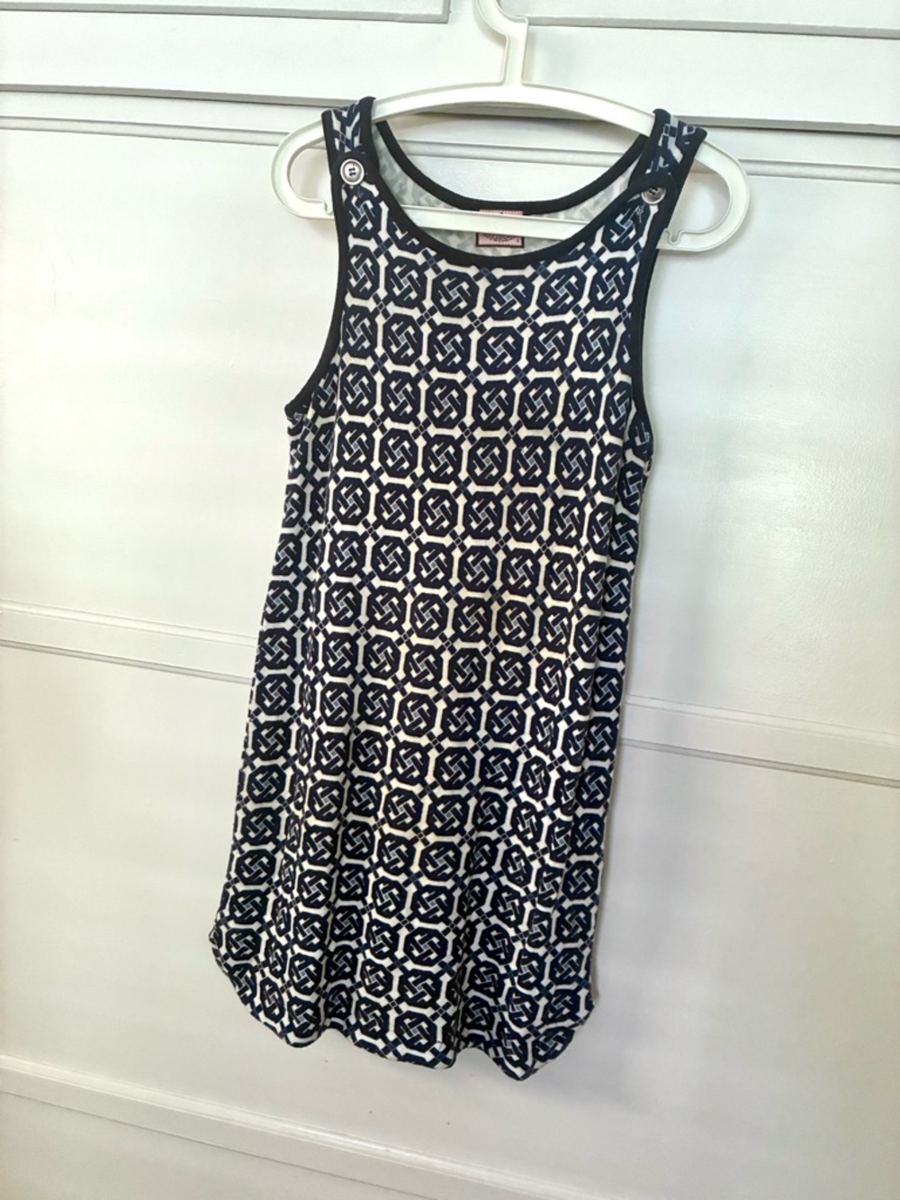 Vintage Juicy Couture Sleeveless Navy Blue and White Geometric Shift Knit Dress